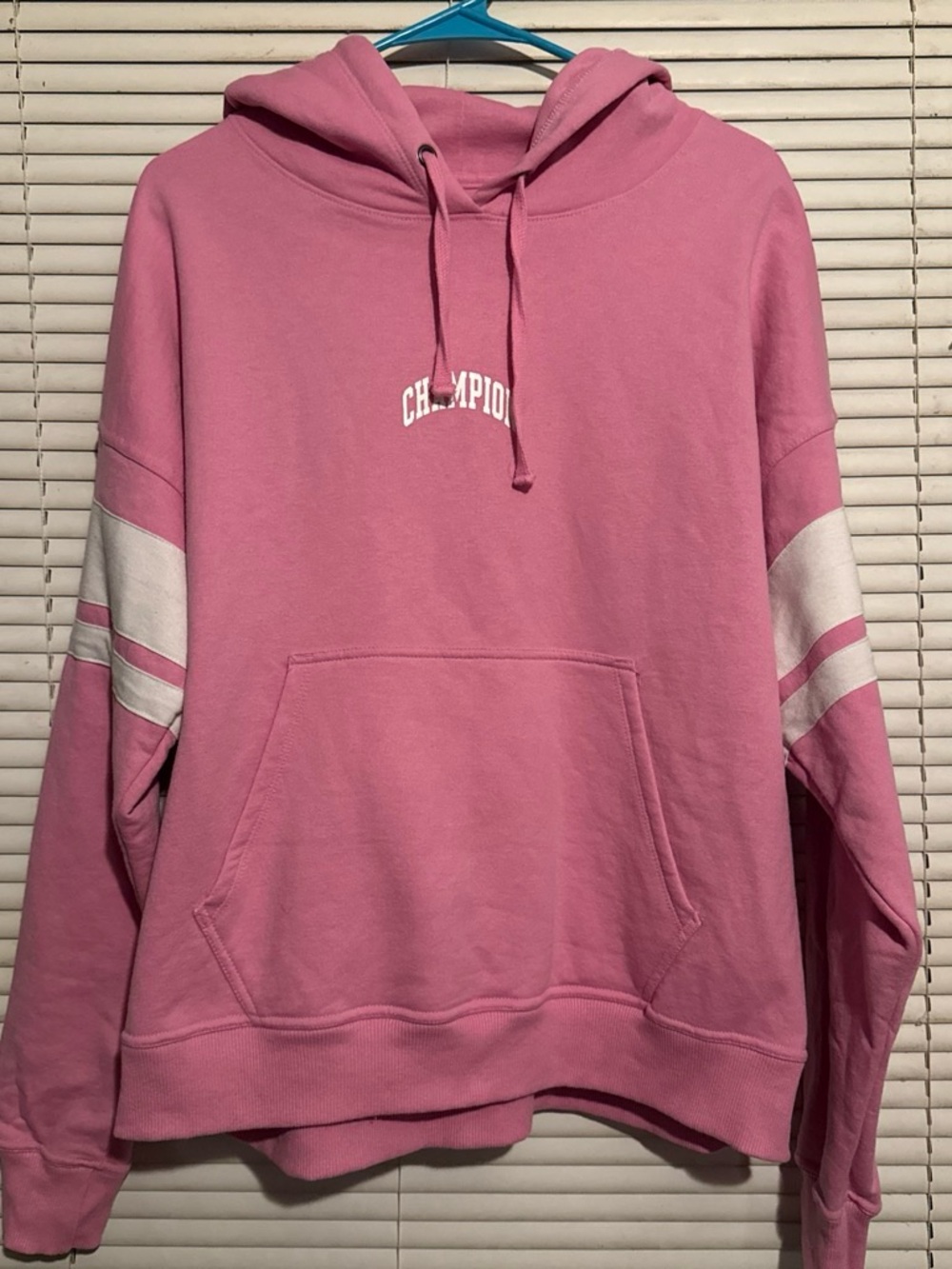 Champion Pink Pullover Hoodie with White Sleeve Stripes